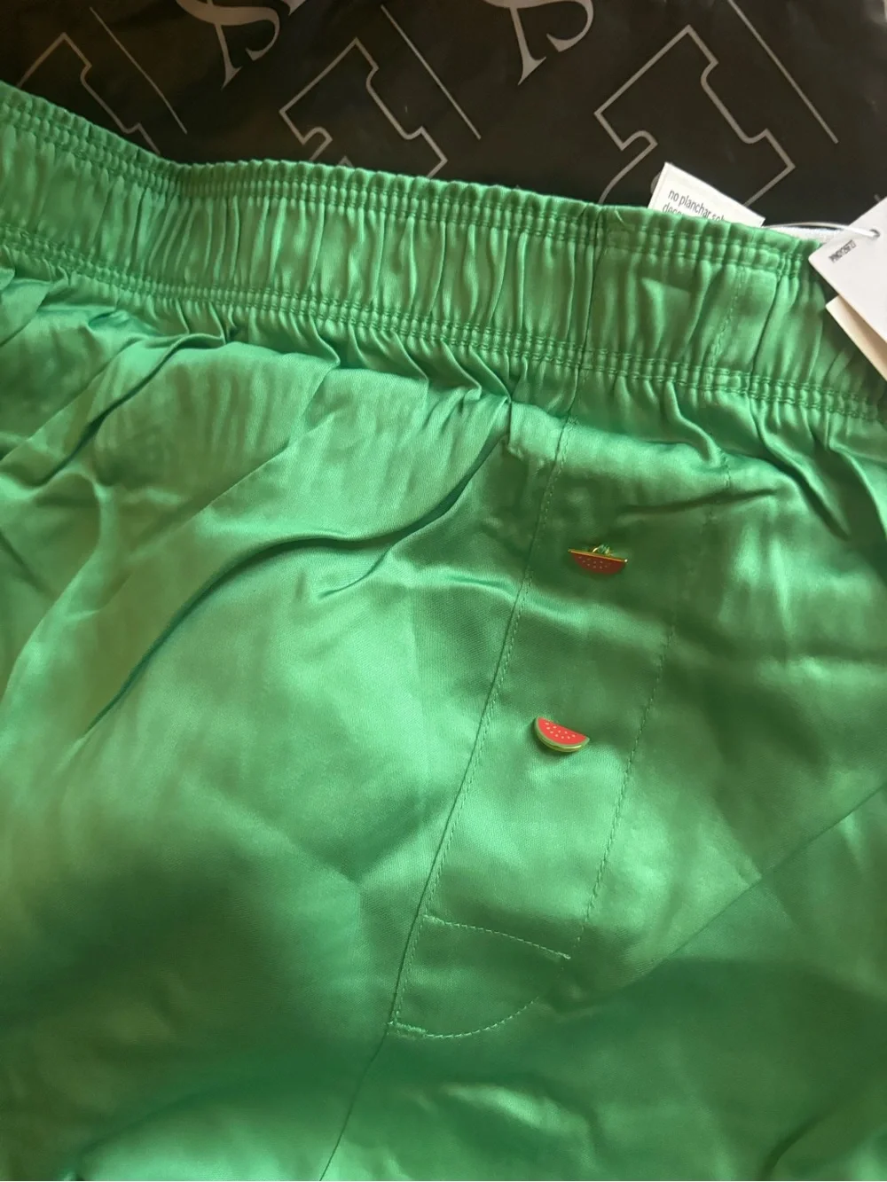 PINK Victoria's Secret Green Satin Lounge Shorts with Pink Logo Waistband